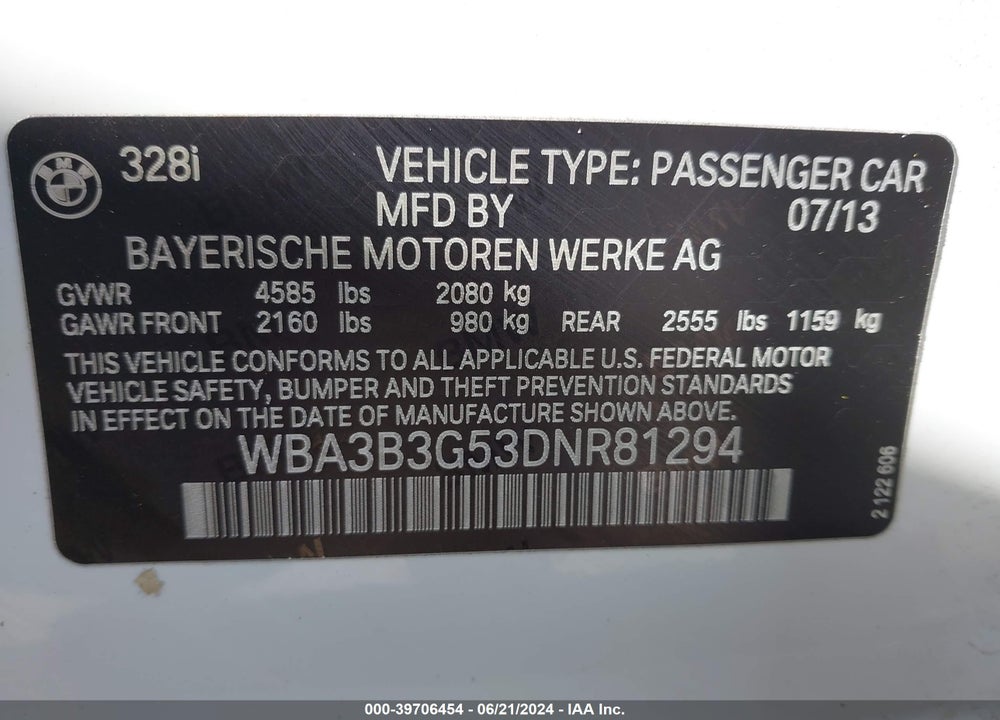 2013 BMW 328I XDRIVE VIN: WBA3B3G53DNR81294