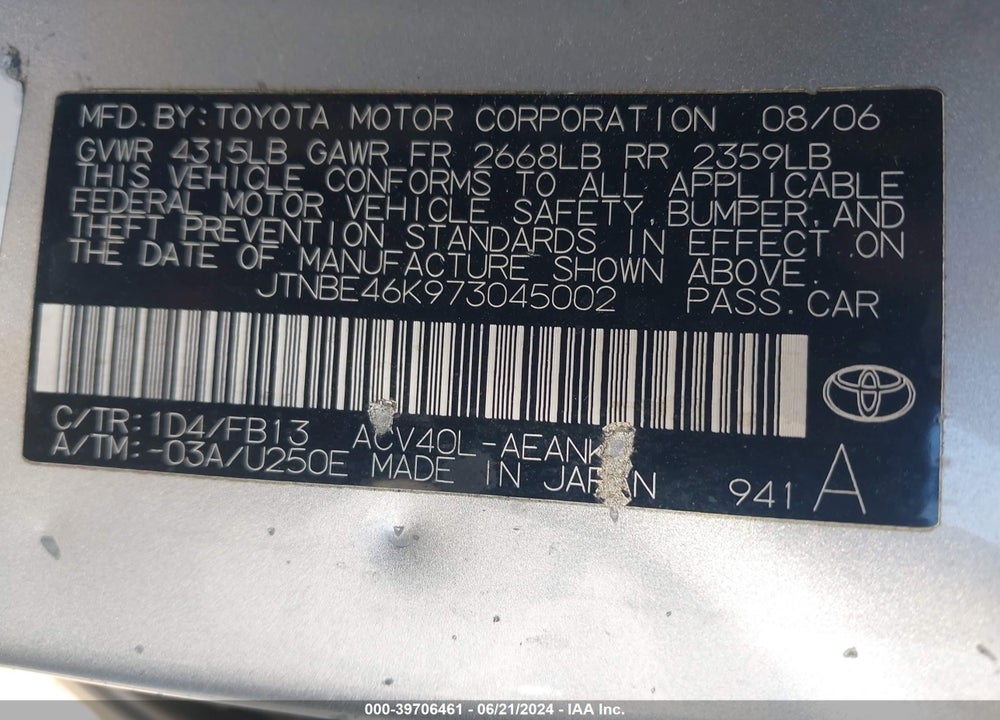 2007 TOYOTA CAMRY LE VIN: JTNBE46K973045002