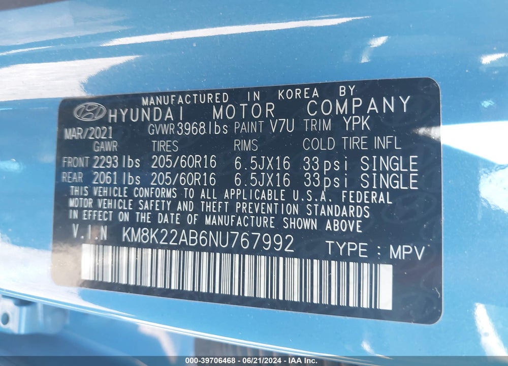 2022 HYUNDAI KONA SE VIN: KM8K22AB6NU767992