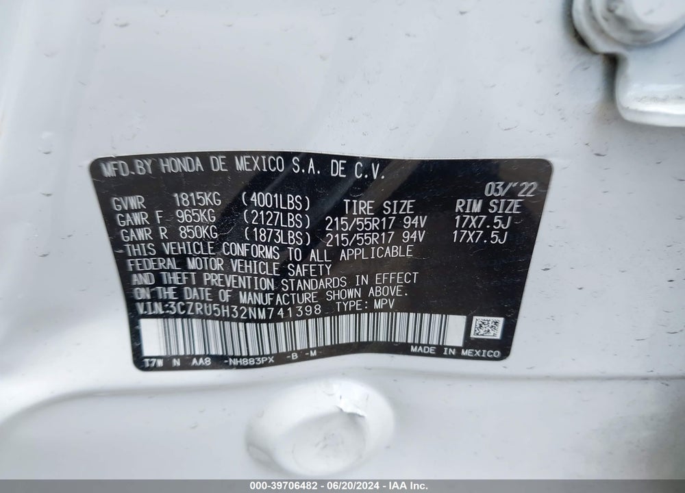 2022 HONDA HR-V 2WD LX VIN: 3CZRU5H32NM741398