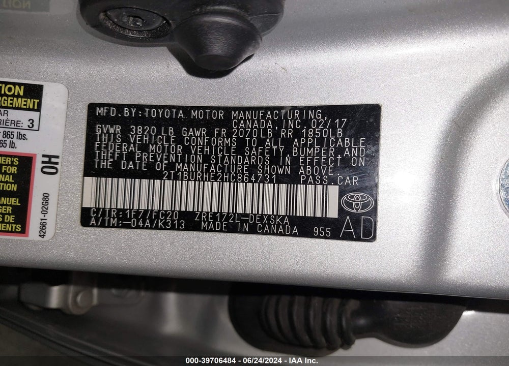 2017 TOYOTA COROLLA SE VIN: 2T1BURHE2HC864731