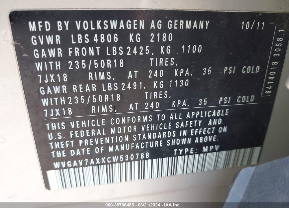 2012 VOLKSWAGEN TIGUAN LE/S/SE/SEL VIN: WVGAV7AXXCW530788