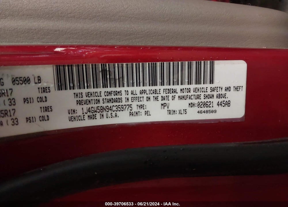 2004 JEEP GRAND CHEROKEE LIMITED VIN: 1J4GW58N94C359775