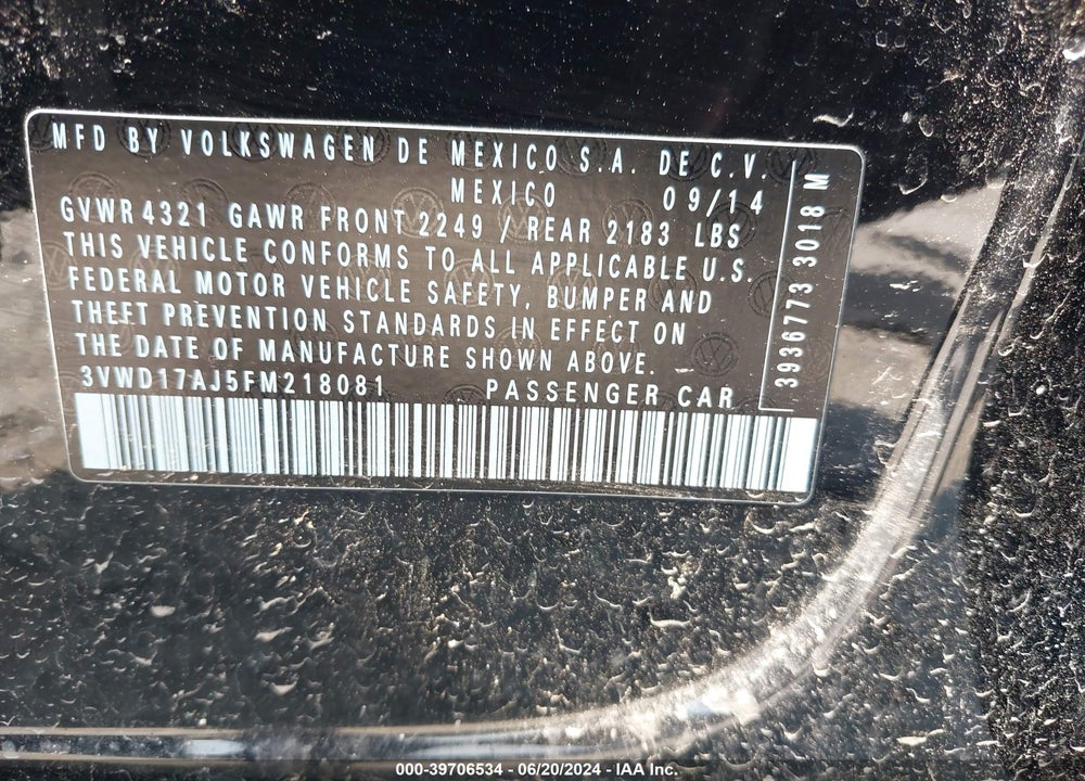 2015 VOLKSWAGEN JETTA 1.8T SE VIN: 3VWD17AJ5FM218081
