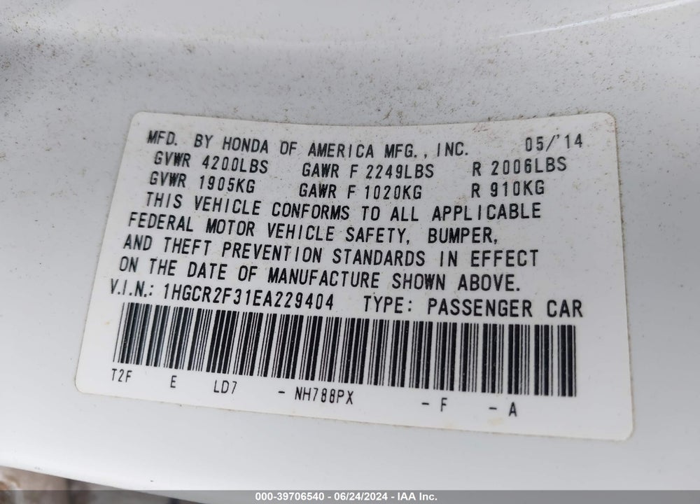 2014 HONDA ACCORD LX VIN: 1HGCR2F31EA229404