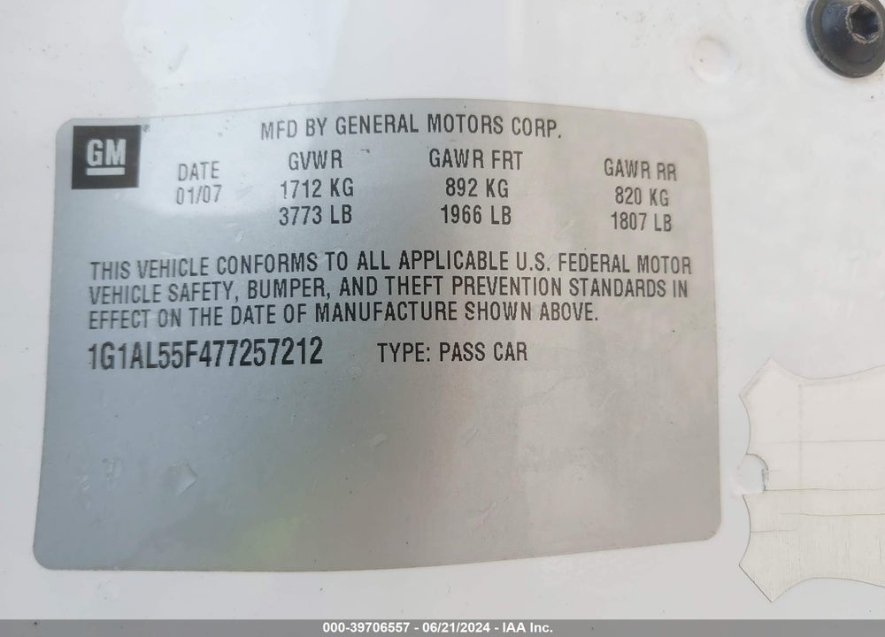 2007 CHEVROLET COBALT LT VIN: 1G1AL55F477257212