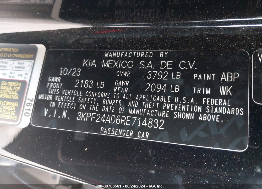 2024 KIA FORTE LXS VIN: 3KPF24AD6RE714832