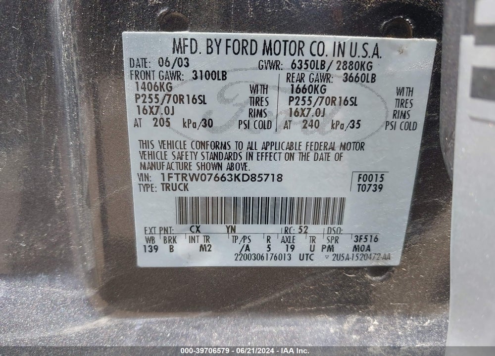 2003 FORD F-150 LARIAT/XLT VIN: 1FTRW07663KD85718