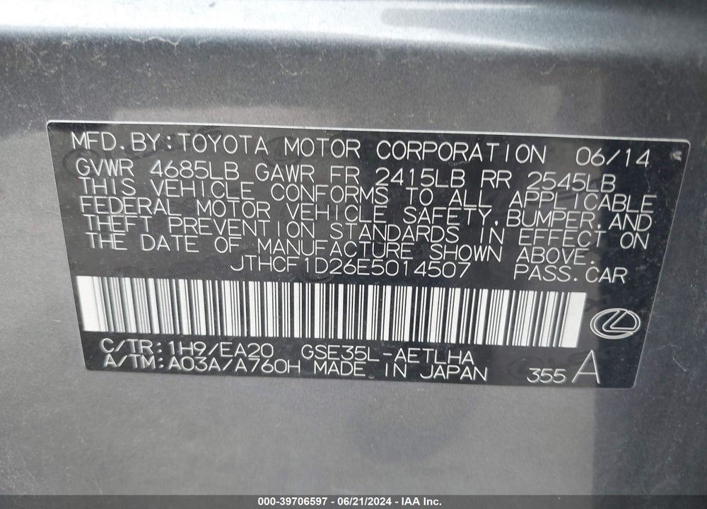 2014 LEXUS IS 250 VIN: JTHCF1D26E5014507