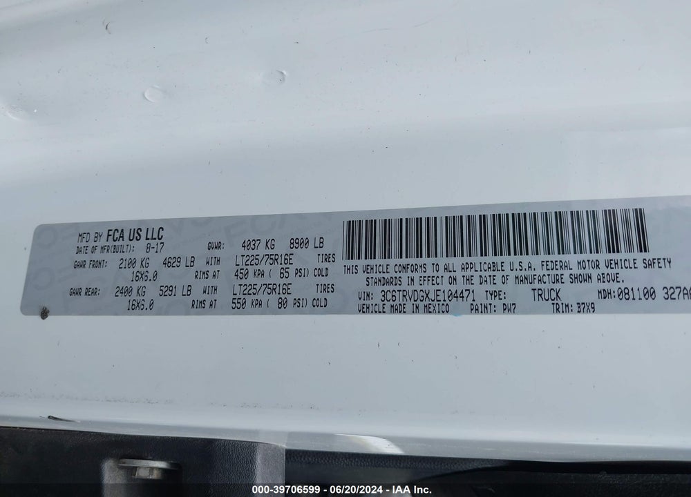 2018 RAM PROMASTER 2500 HIGH ROOF 159 WB VIN: 3C6TRVDGXJE104471