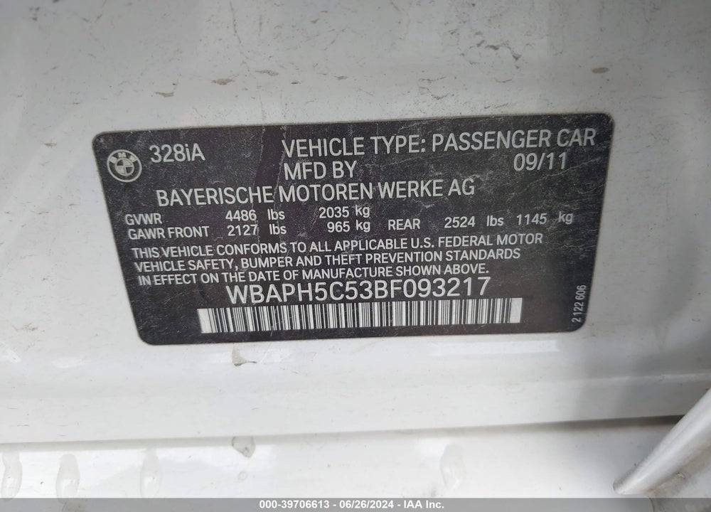 2011 BMW 328I VIN: WBAPH5C53BF093217
