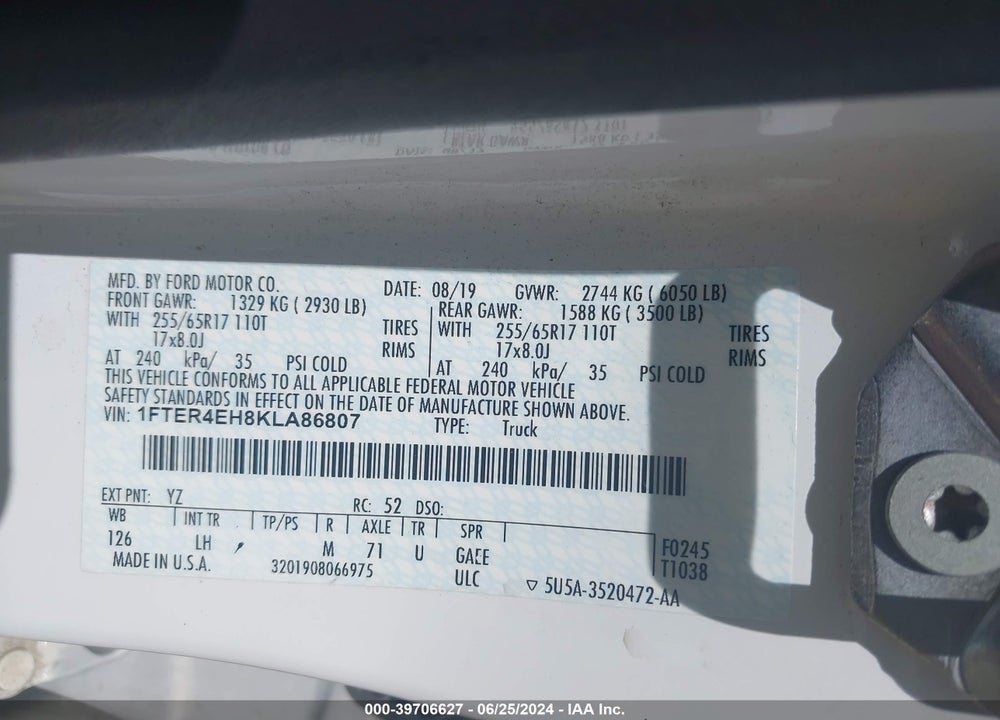 2019 FORD RANGER XLT VIN: 1FTER4EH8KLA86807