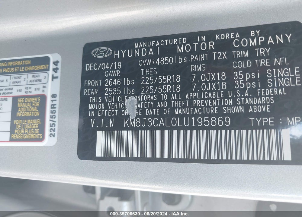 2020 HYUNDAI TUCSON ULTIMATE VIN: KM8J3CAL0LU195869