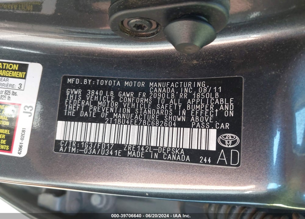 2011 TOYOTA COROLLA VIN: 2T1BU4EE7BC682604