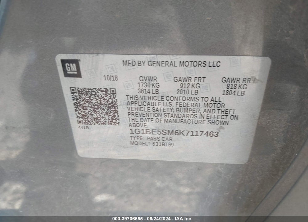 2019 CHEVROLET CRUZE LT VIN: 1G1BE5SM6K7117463