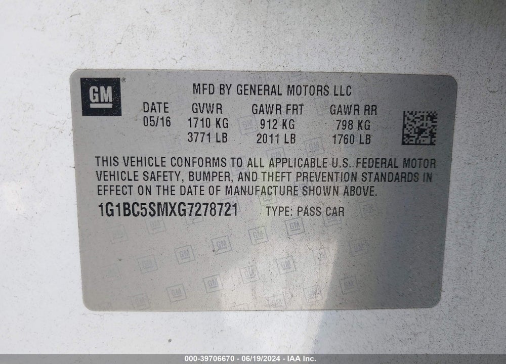 2016 CHEVROLET CRUZE LS AUTO VIN: 1G1BC5SMXG7278721