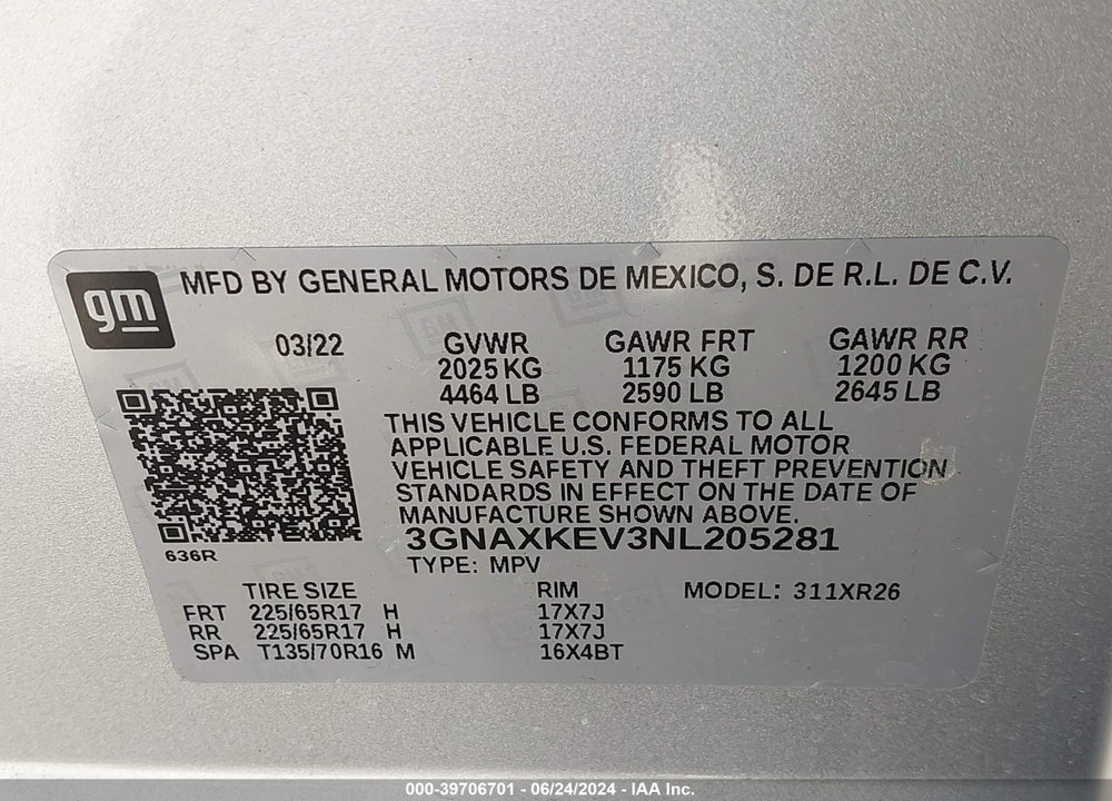 2022 CHEVROLET EQUINOX FWD LT VIN: 3GNAXKEV3NL205281