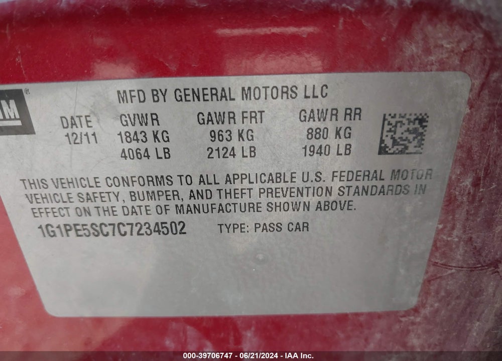 2012 CHEVROLET CRUZE LT VIN: 1G1PE5SC7C7234502