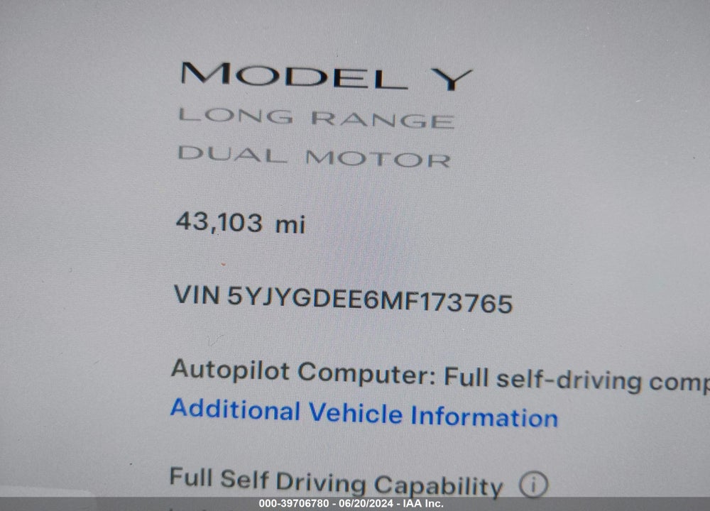 2021 TESLA MODEL Y LONG RANGE DUAL MOTOR ALL-WHEEL DRIVE VIN: 5YJYGDEE6MF173765