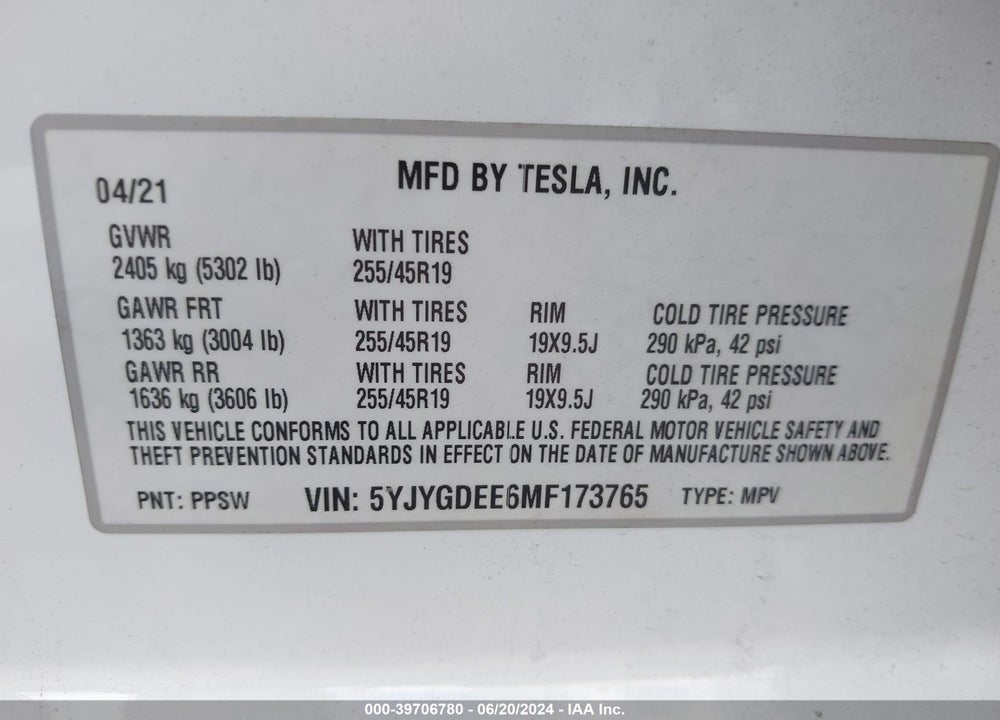 2021 TESLA MODEL Y LONG RANGE DUAL MOTOR ALL-WHEEL DRIVE VIN: 5YJYGDEE6MF173765