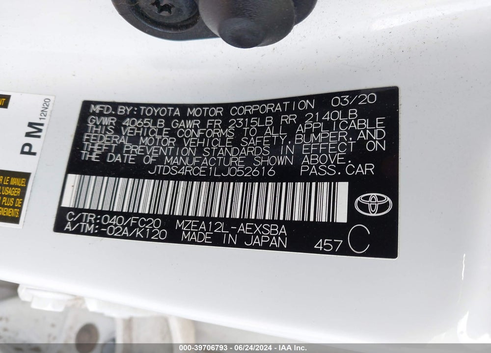 2020 TOYOTA COROLLA SE VIN: JTDS4RCE1LJ052616