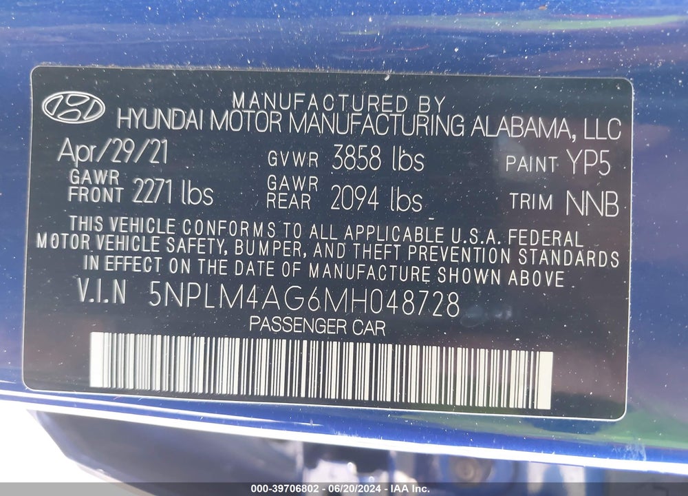 2021 HYUNDAI ELANTRA SEL VIN: 5NPLM4AG6MH048728