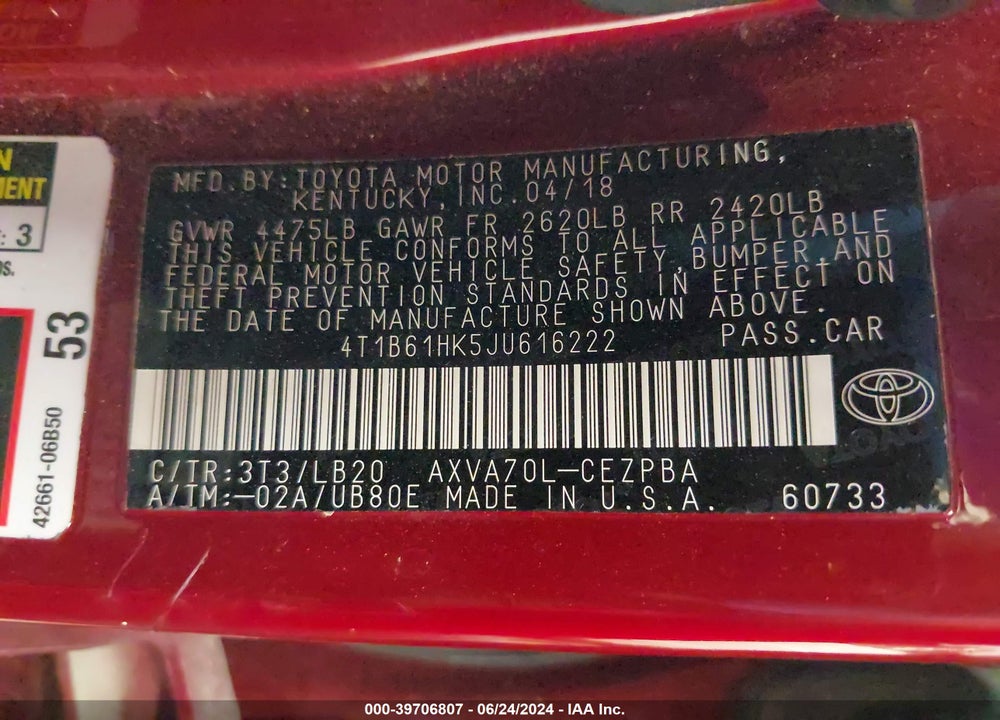 2018 TOYOTA CAMRY XSE VIN: 4T1B61HK5JU616222