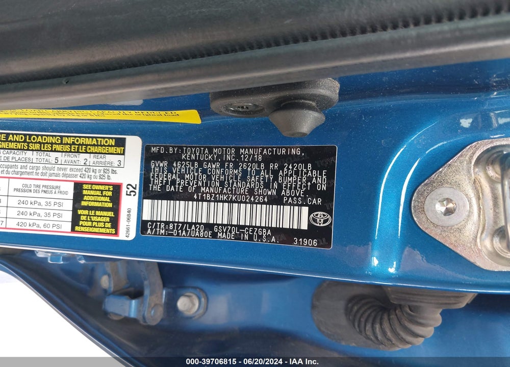 2019 TOYOTA CAMRY XLE V6 VIN: 4T1BZ1HK7KU024264