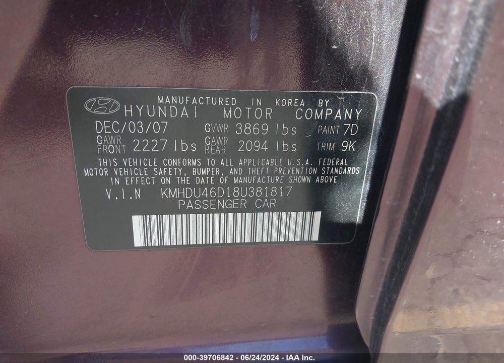 2008 HYUNDAI ELANTRA VIN: KMHDU46D18U381817