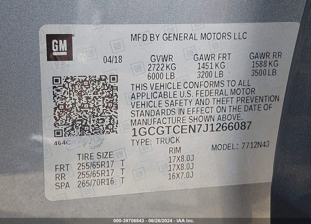2018 CHEVROLET COLORADO LT VIN: 1GCGTCEN7J1266087