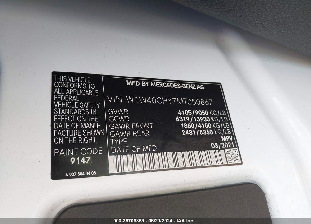 2021 MERCEDES-BENZ SPRINTER 2500 HIGH ROOF I4 VIN: W1W40CHY7MT050867
