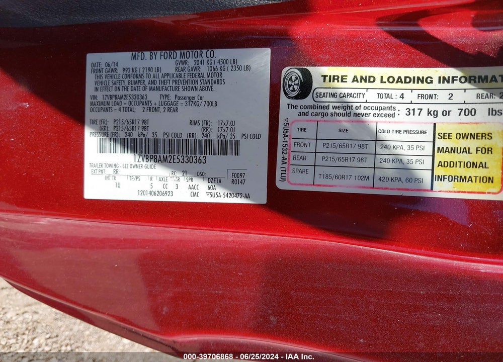 2014 FORD MUSTANG V6 VIN: 1ZVBP8AM2E5330363