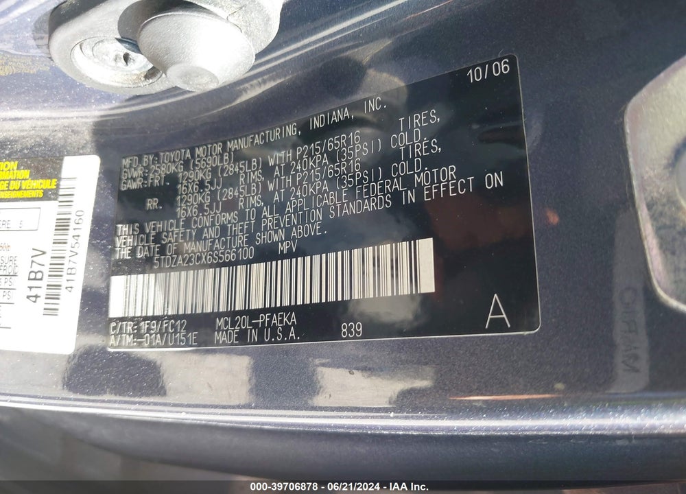 2006 TOYOTA SIENNA LE VIN: 5TDZA23CX6S566100