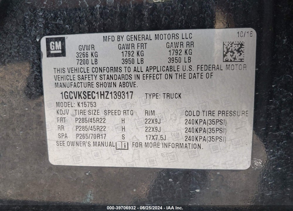 2017 CHEVROLET SILVERADO 1500 2LZ VIN: 1GCVKSEC1HZ139317
