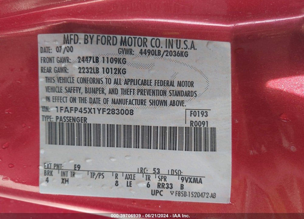2000 FORD MUSTANG GT VIN: 1FAFP45X1YF283008