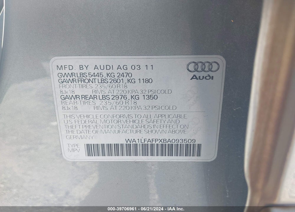 2011 AUDI Q5 2.0T PREMIUM VIN: WA1LFAFPXBA093509