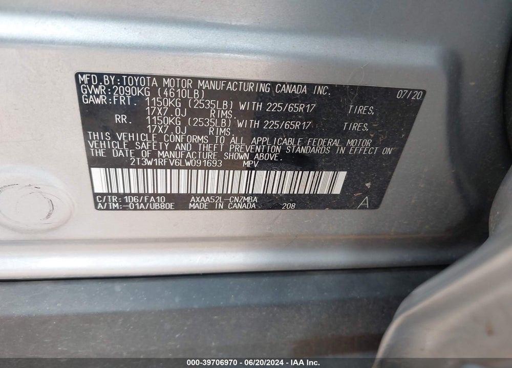 2020 TOYOTA RAV4 XLE VIN: 2T3W1RFV6LW091693