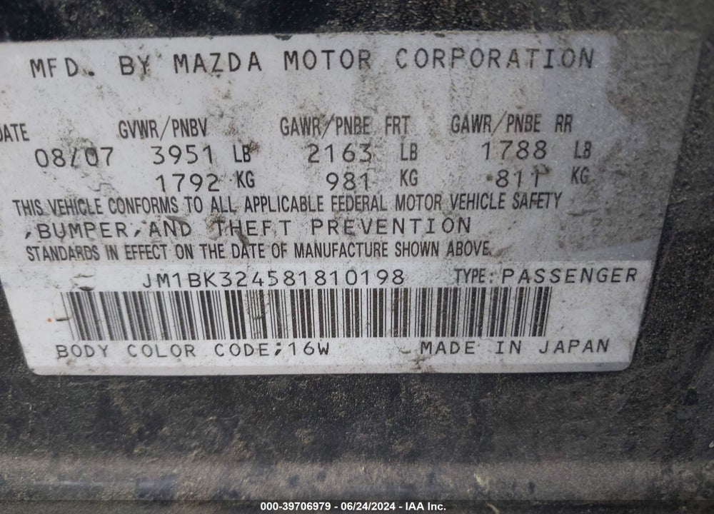 2008 MAZDA 3 S TOURING VIN: JM1BK324581810198