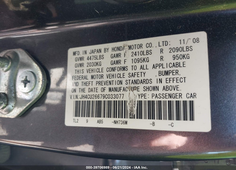2009 ACURA TSX VIN: JH4CU26679C033077