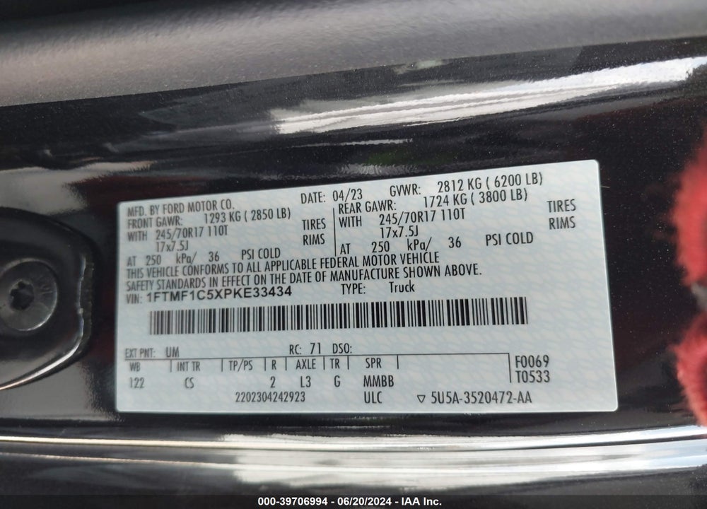 2023 FORD F-150 XL VIN: 1FTMF1C5XPKE33434