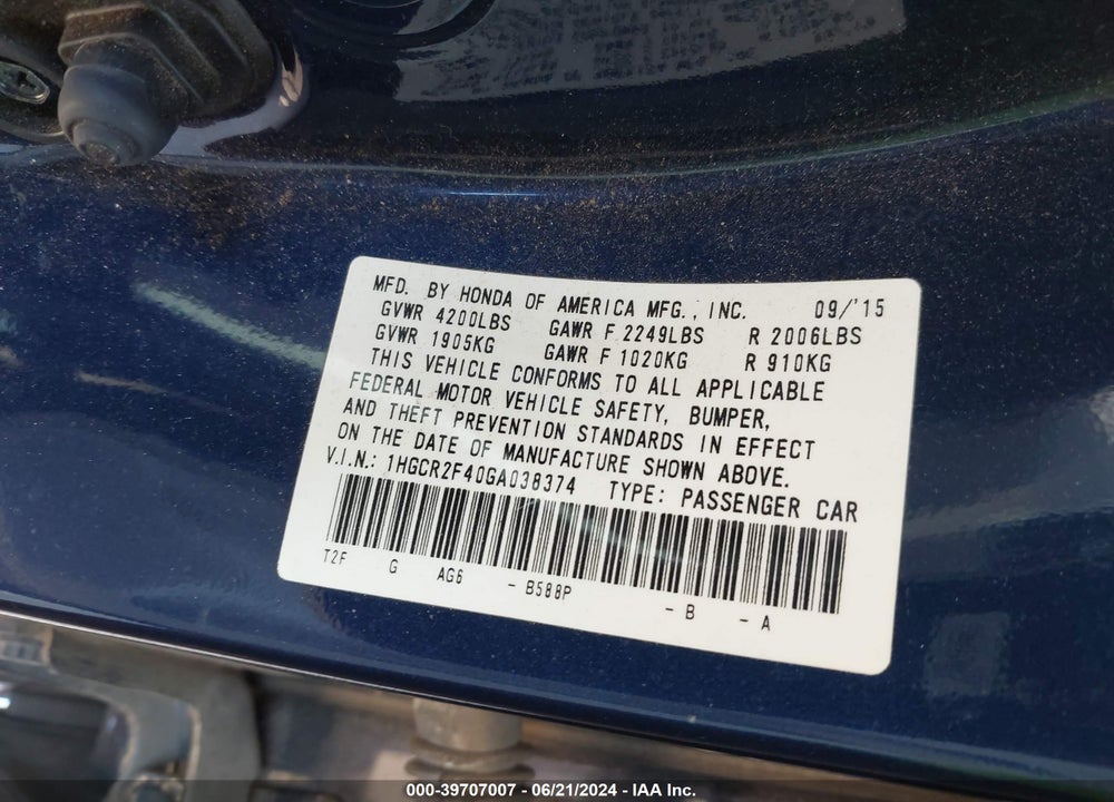 2016 HONDA ACCORD LX VIN: 1HGCR2F40GA038374