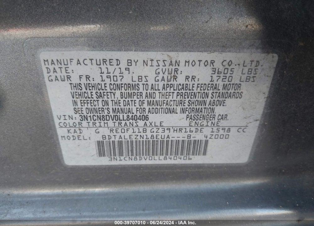 2020 NISSAN VERSA S XTRONIC CVT VIN: 3N1CN8DV0LL840406