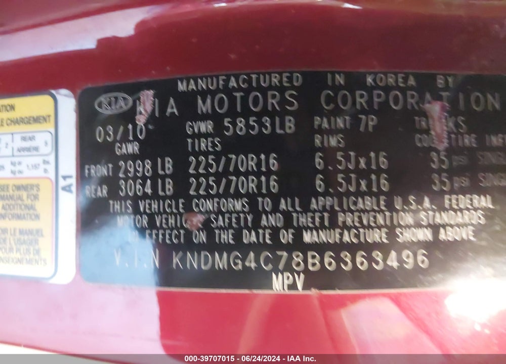 2011 KIA SEDONA LX VIN: KNDMG4C78B6363496