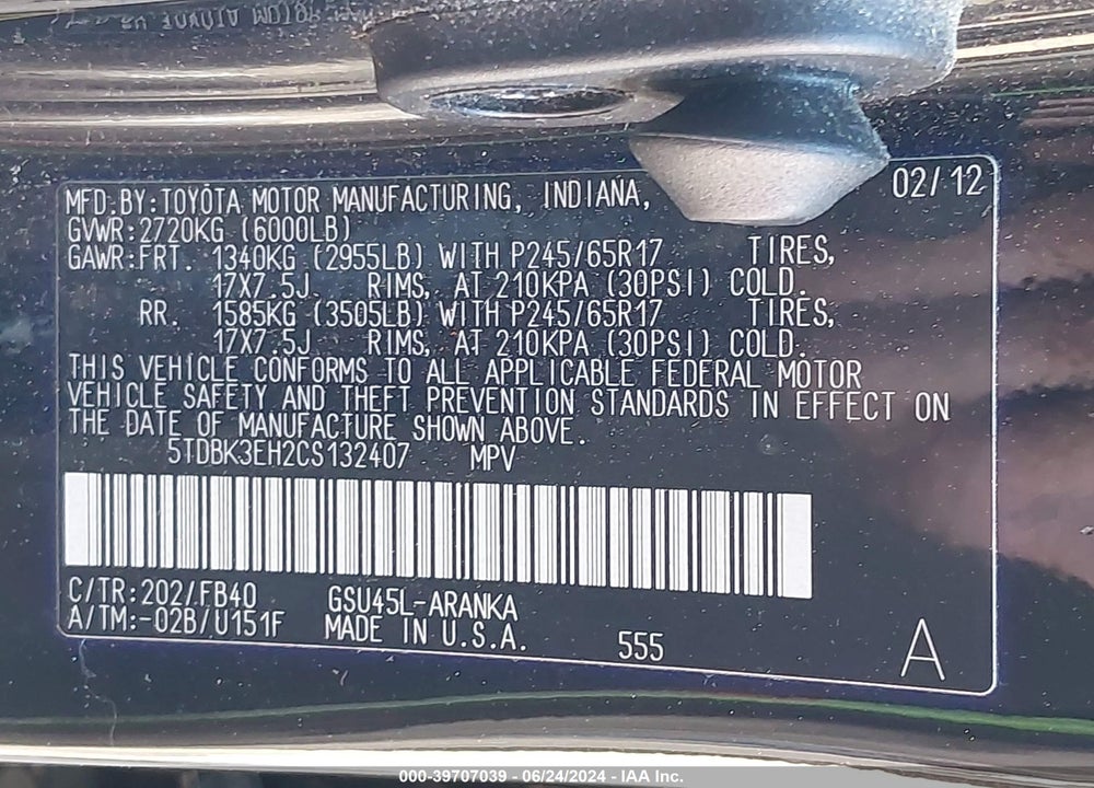2012 TOYOTA HIGHLANDER BASE V6 VIN: 5TDBK3EH2CS132407
