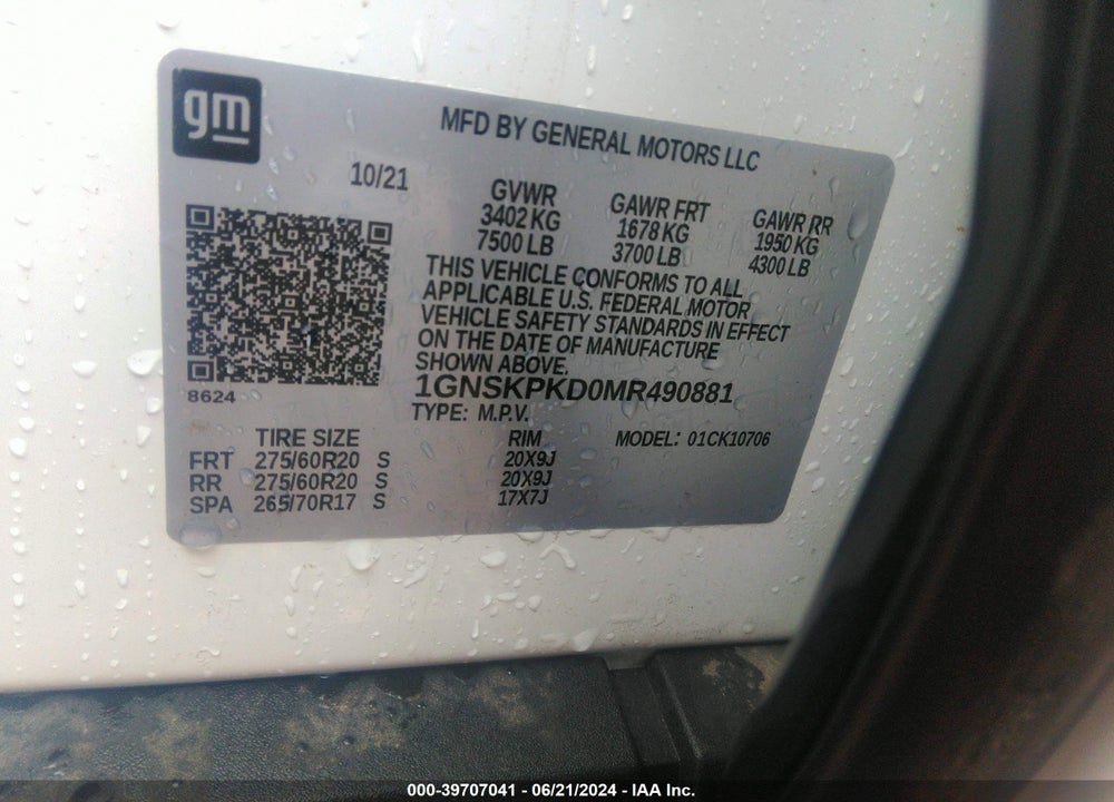 2021 CHEVROLET TAHOE 4WD Z71 VIN: 1GNSKPKD0MR490881