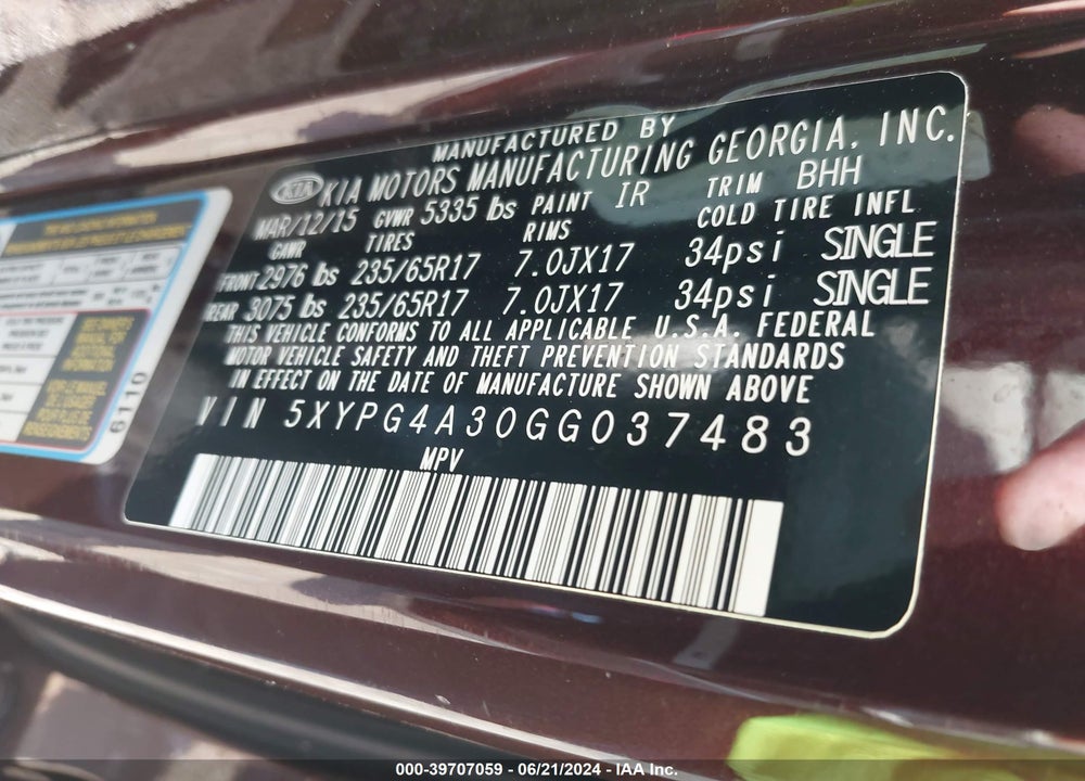 2016 KIA SORENTO 2.4L LX VIN: 5XYPG4A30GG037483