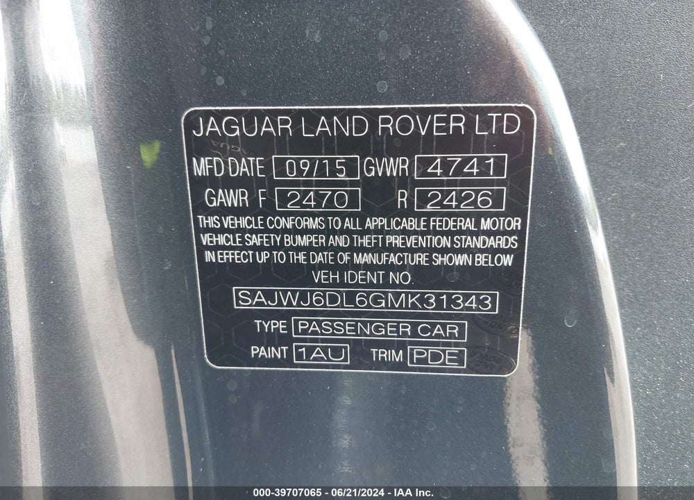 2016 JAGUAR F-TYPE R VIN: SAJWJ6DL6GMK31343