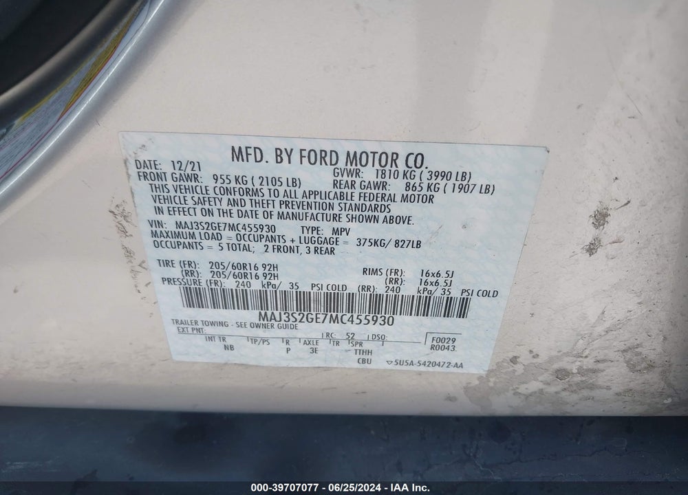 2021 FORD ECOSPORT SE VIN: MAJ3S2GE7MC455930