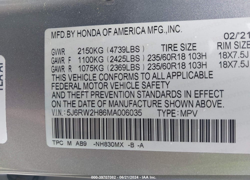 2021 HONDA CR-V AWD EX-L VIN: 5J6RW2H86MA006035