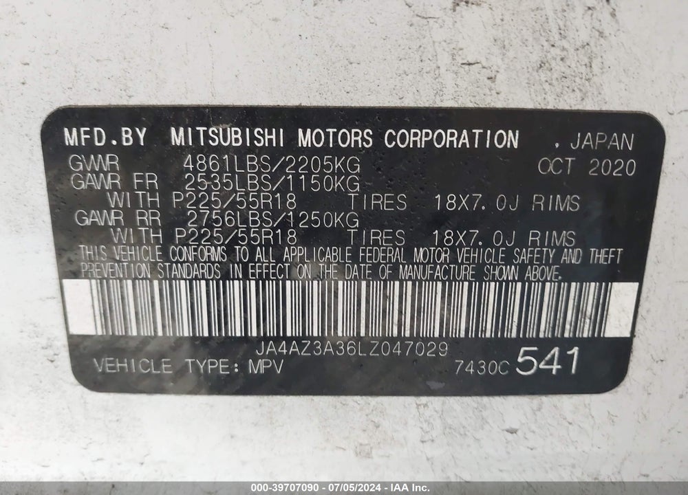 2020 MITSUBISHI OUTLANDER ES 2.4 S-AWC/LE 2.4 S-AWC/SE 2.4 S-AWC/SEL 2.4 S-AWC/SP 2.4 S-AWC VIN: JA4AZ3A36LZ047029